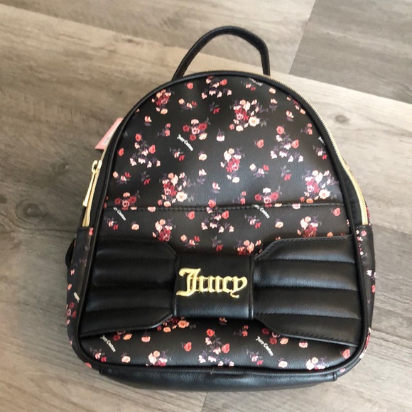 Juicy Couture Ditsy Rose Black Pretty Bow Faux Leather Backpack NWT - Picture 14 of 16